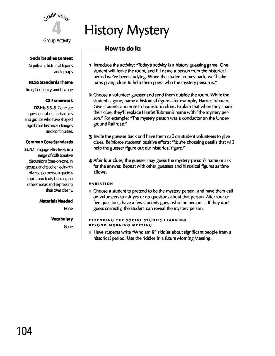 Grade 4 History Mystery Responsive Classroom Grade 4 History Mystery Responsive Classroom