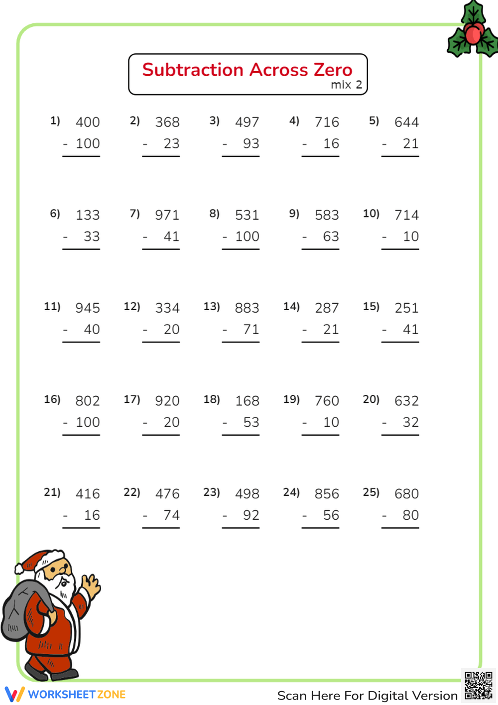 Grade 4 Subtraction Across Zeros Worksheets Printable