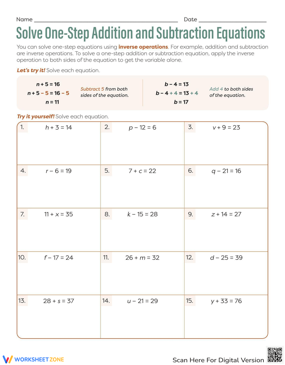 Free One Step Equations Worksheets Mashup Math