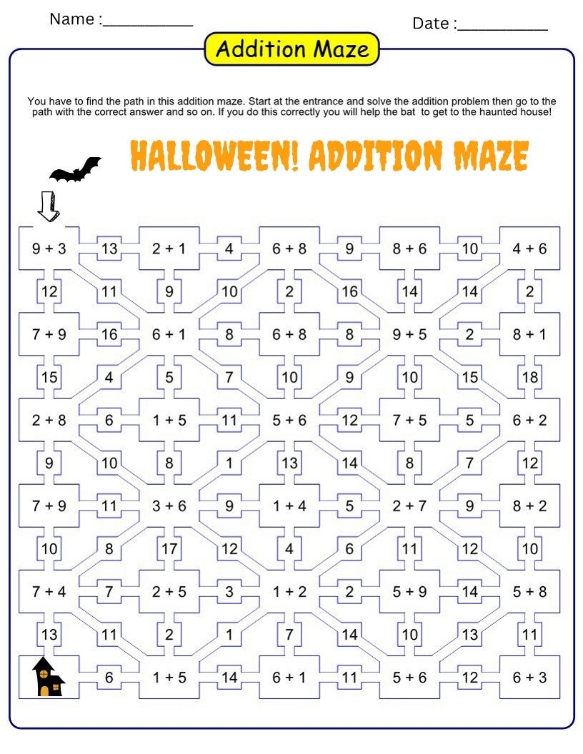 Halloween Math Addition Maze Upper Elementary Printable Digital Download Etsy