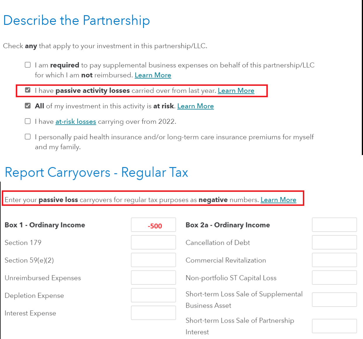 How To Enter Passive Loss Carryover From K1