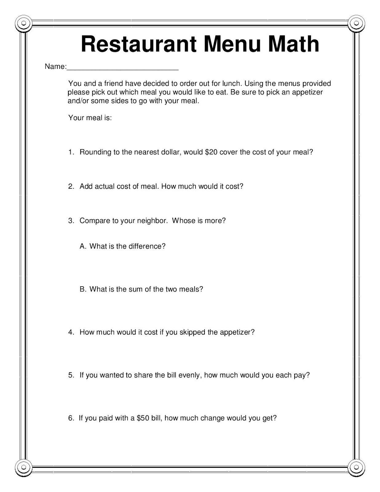 Hunter S Tales From Teaching Manic Monday Restaurant Menu Math Freebie