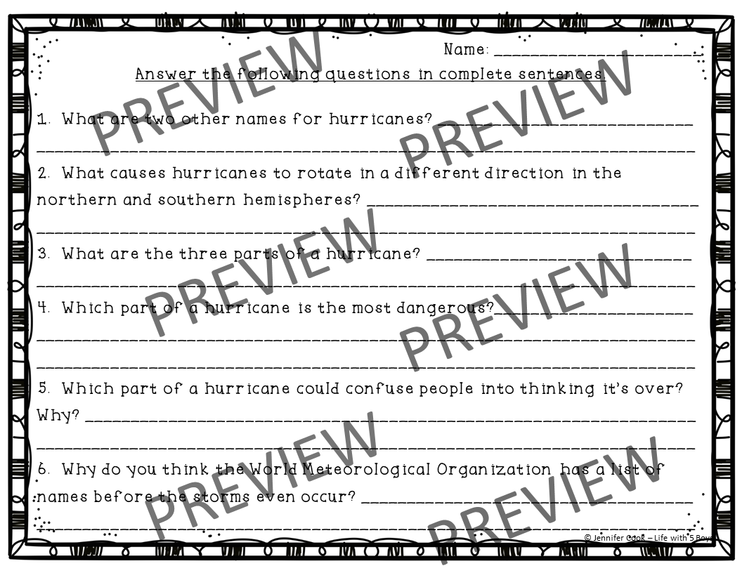 Hurricanes Reading Comprehension Activity Classful