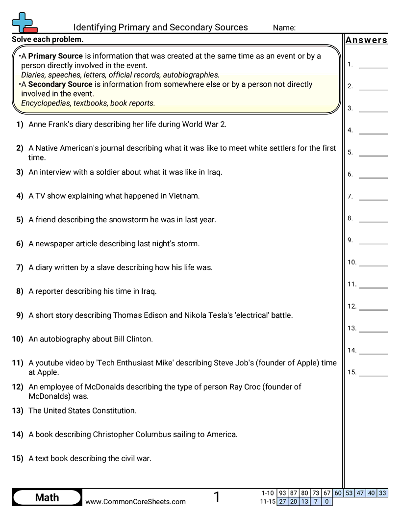 Identifying Primary And Secondary Sources Worksheet Download Identifying Primary And Secondary Sources Worksheet Download