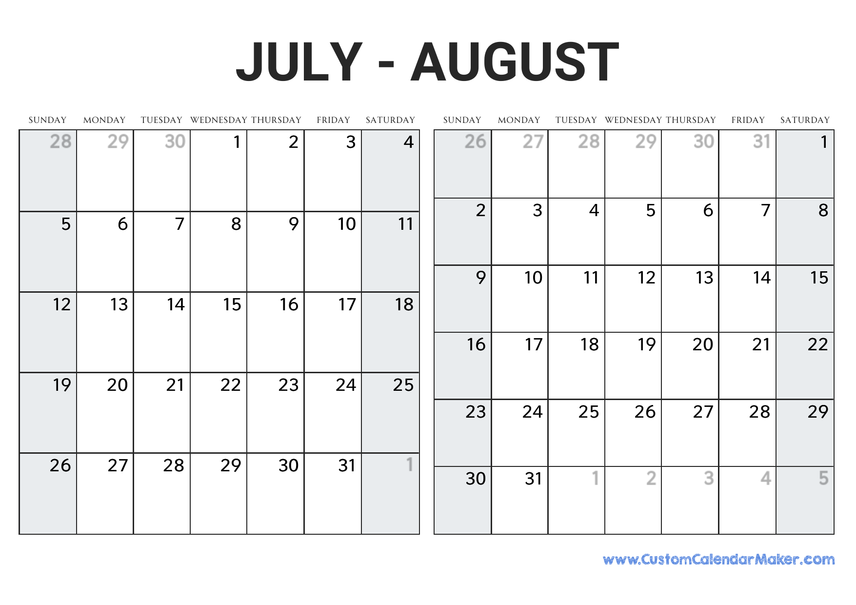 July And August 2026 Calendar Custom Calendar Maker Free Printable 2026 Weekly Calendars For Easy Planning Free Printables Lettering SVG Files Tools Apps