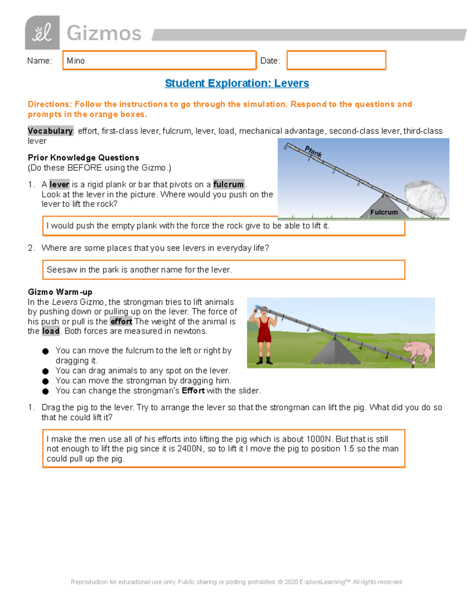 LeversSE Gizmo Answer Sheet Simple Machine Studocu