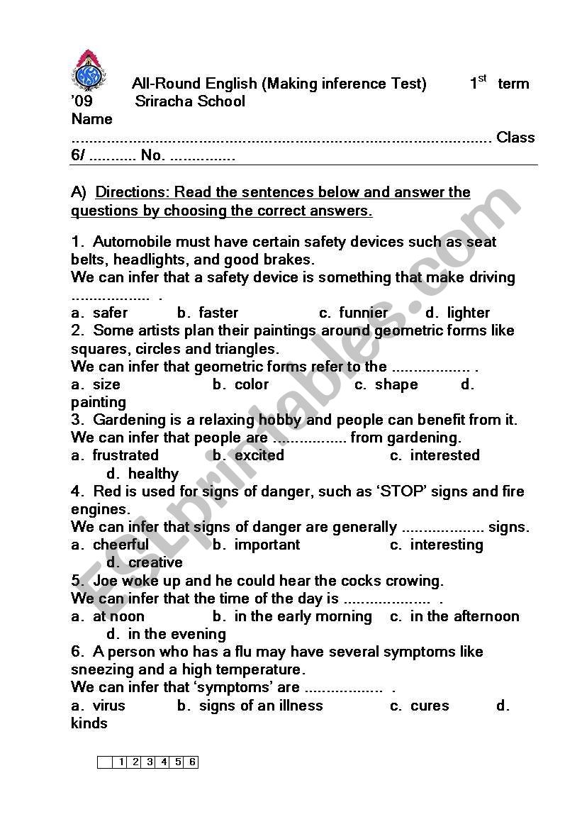Making Inference Test ESL Worksheet By Saowakon