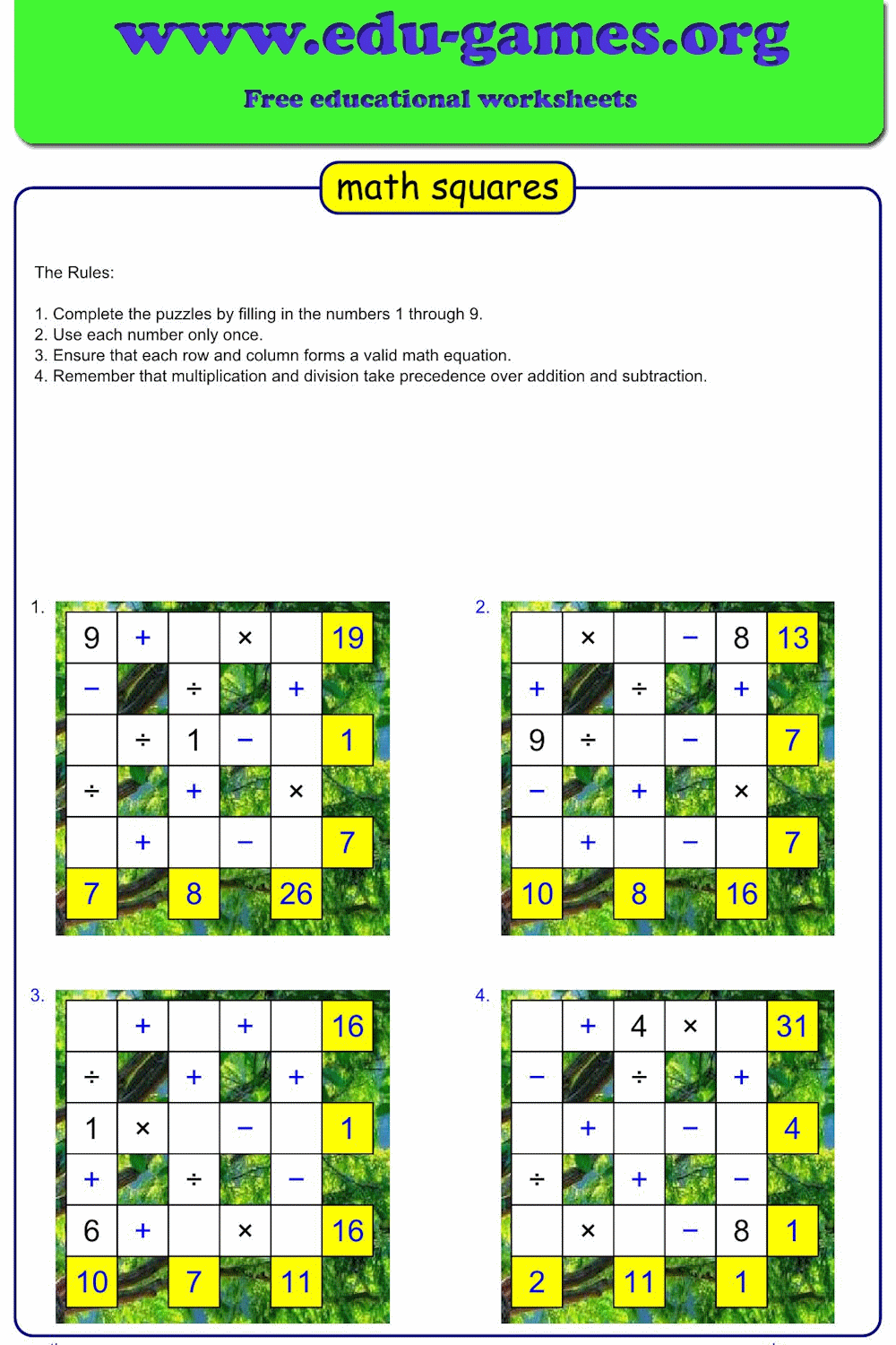 Math Squares Puzzle Worksheet Maker Edu Games