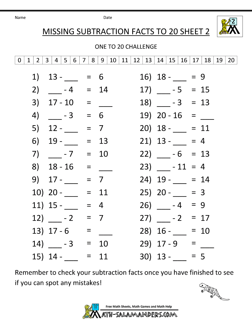 Math Worksheets For 2nd Grade Missing Subtraction Facts To 20 2 7DC