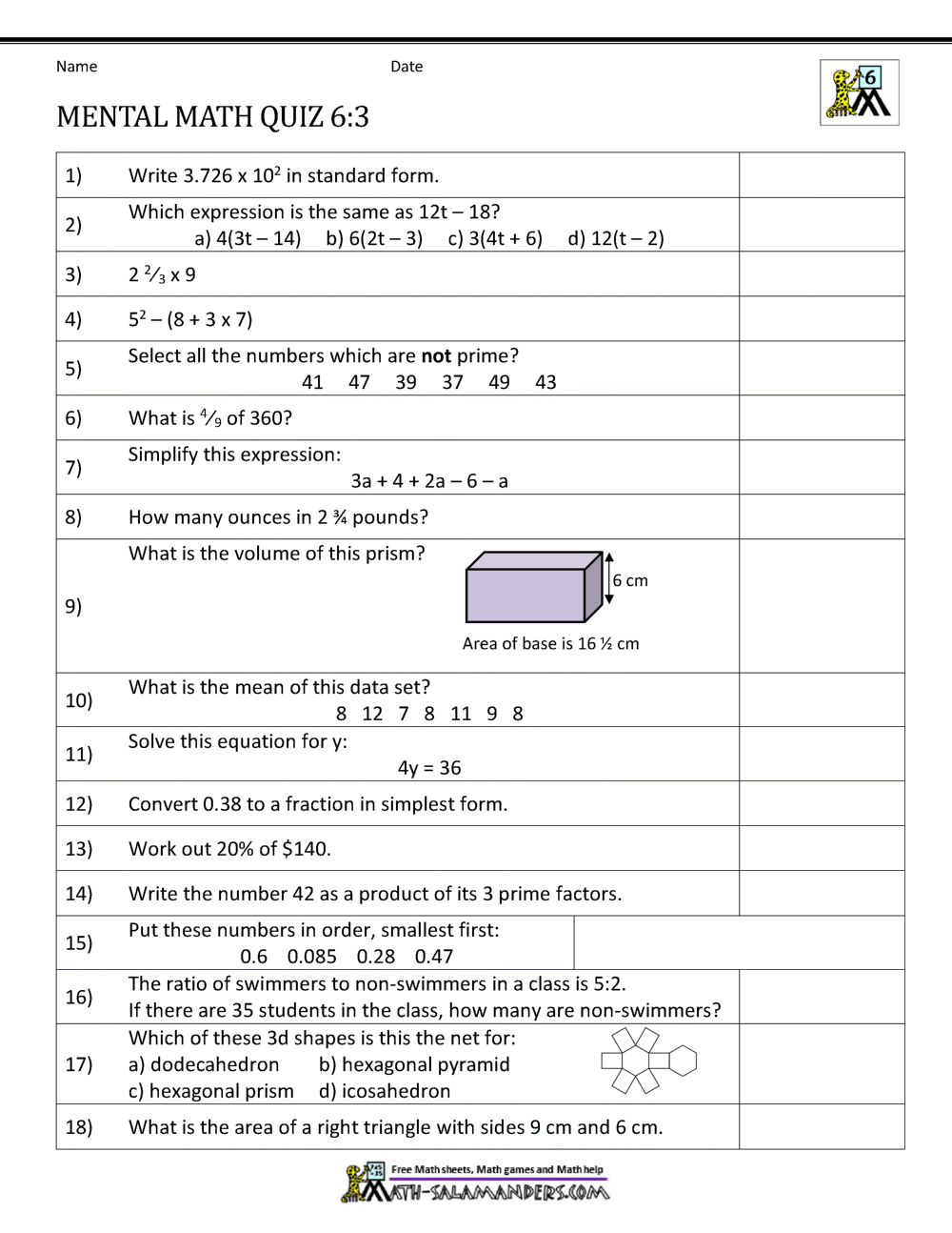Mental Math 6th Grade Mental Math 6th Grade