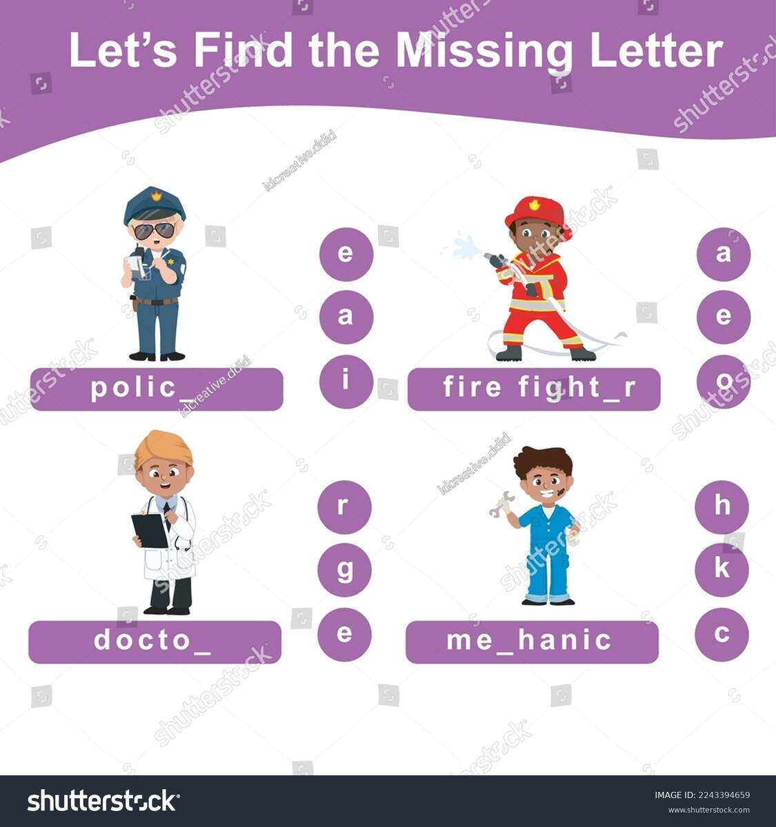 Missing Letter Worksheet Kids Kids Profession Stock Vector Royalty Free 2243394659 Shutterstock Page 18 Free Custom Printable Preschool Worksheet Templates Canva