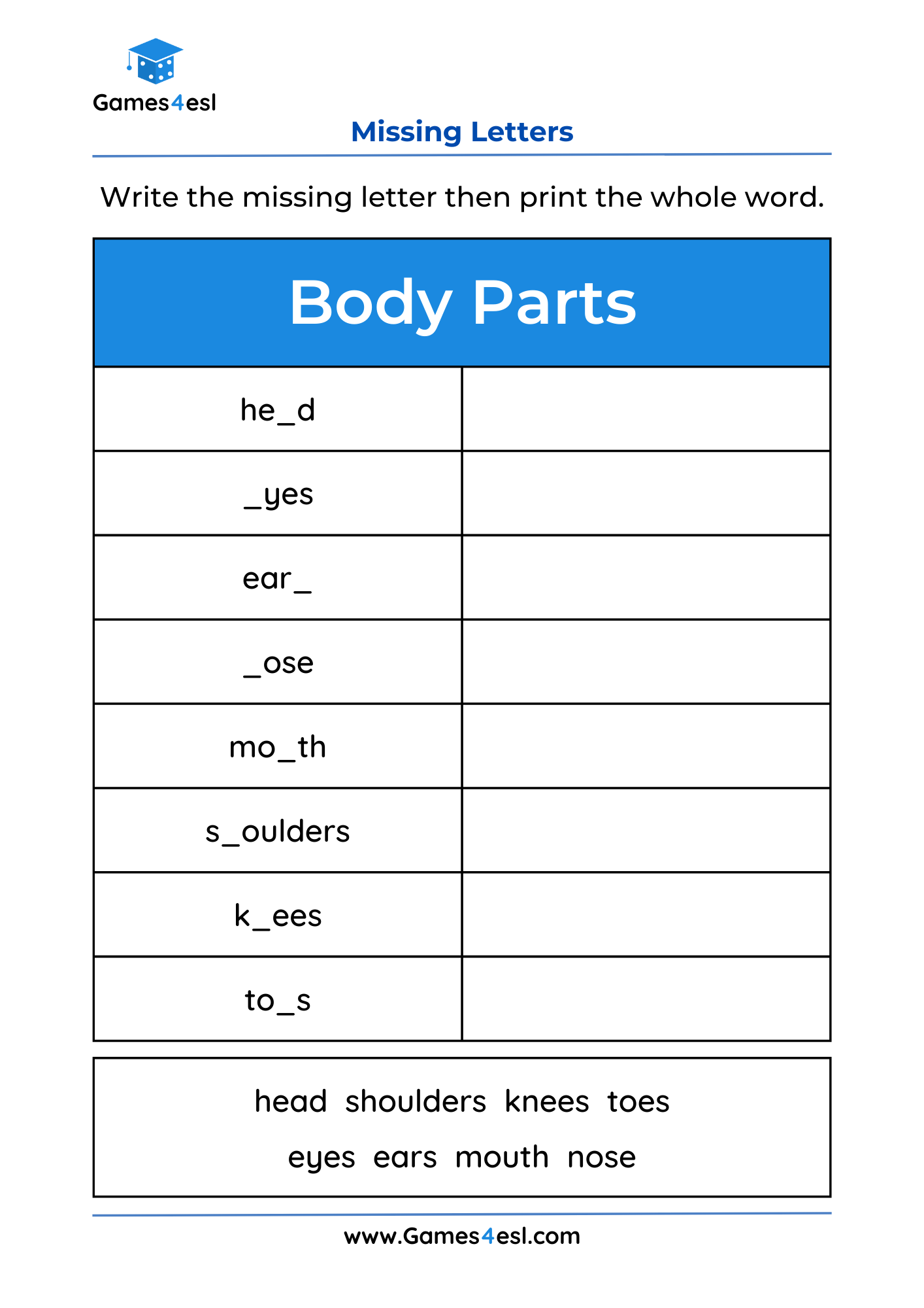 Missing Letter Worksheets Games4esl Missing Letter Worksheets Games4esl