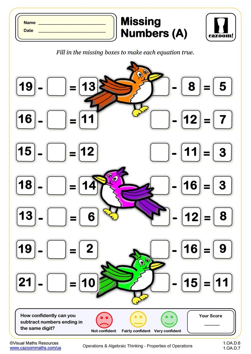 Missing Numbers A 1st Grade PDF Operations And Algebraic Thinking Worksheets Cazoom Math