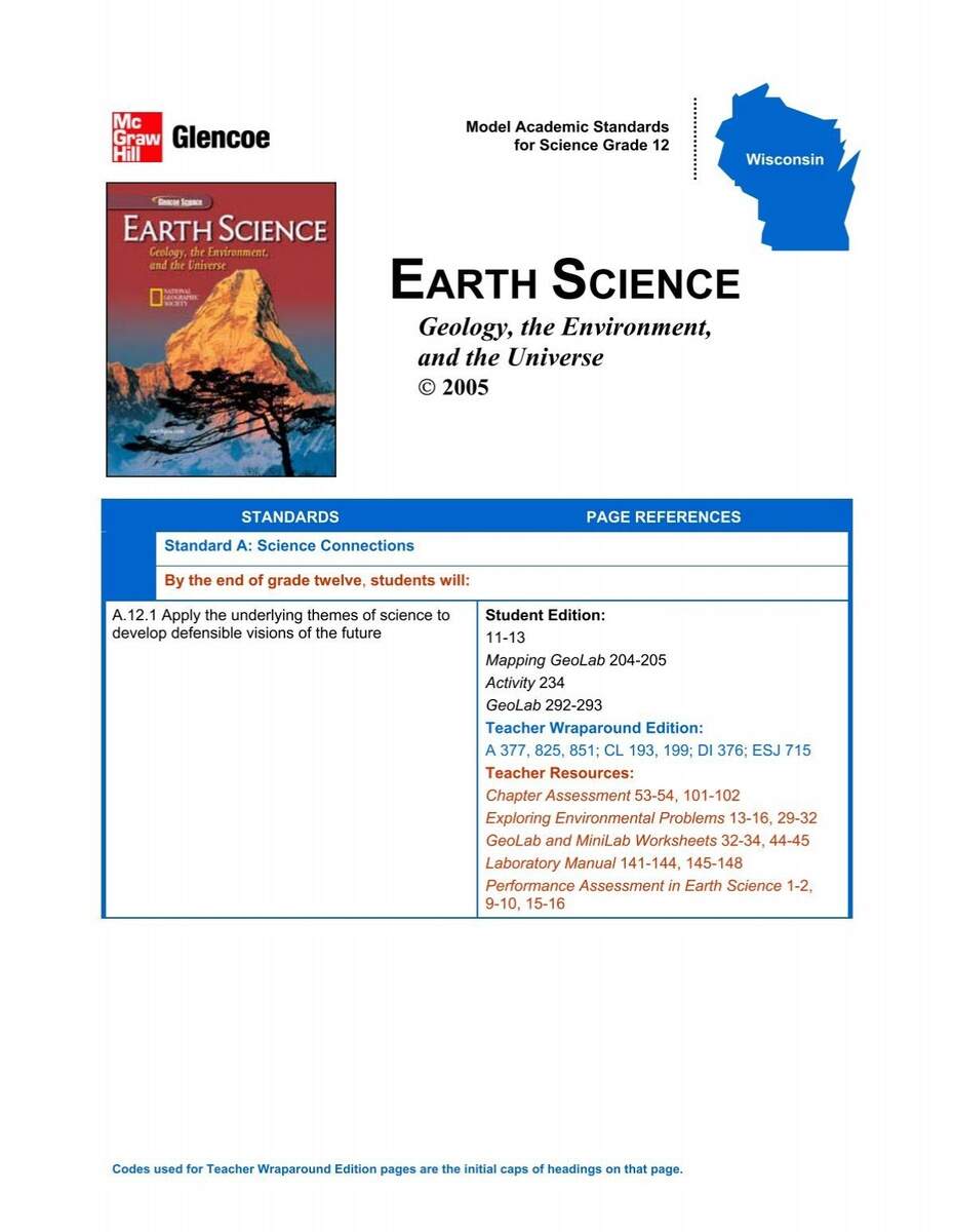 Model Academic Standards For Science Grade 12 Earth Glencoe