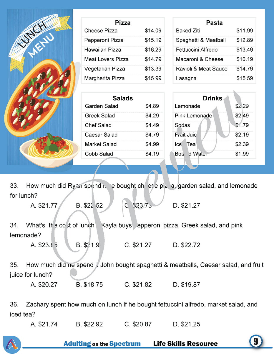 Money Math Life Skills Worksheet Level 1 Reading Menus Made By Teachers