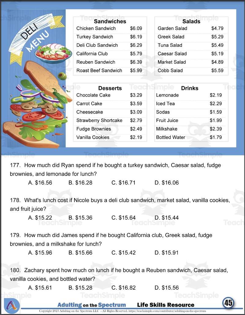 Money Math Life Skills Worksheet Reading Restaurant Menus Level 1 By Teach Simple