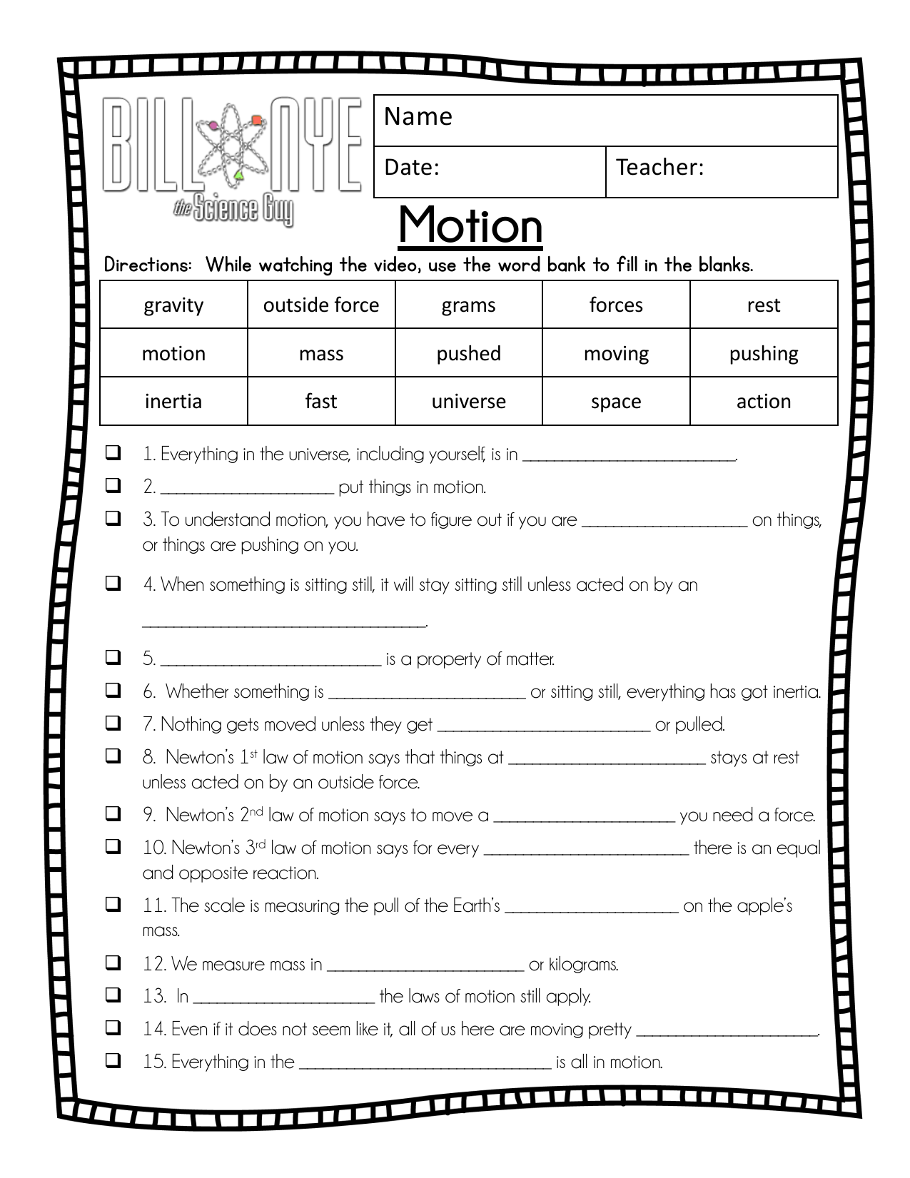 Motion Worksheet Newton S Laws Physics Basics