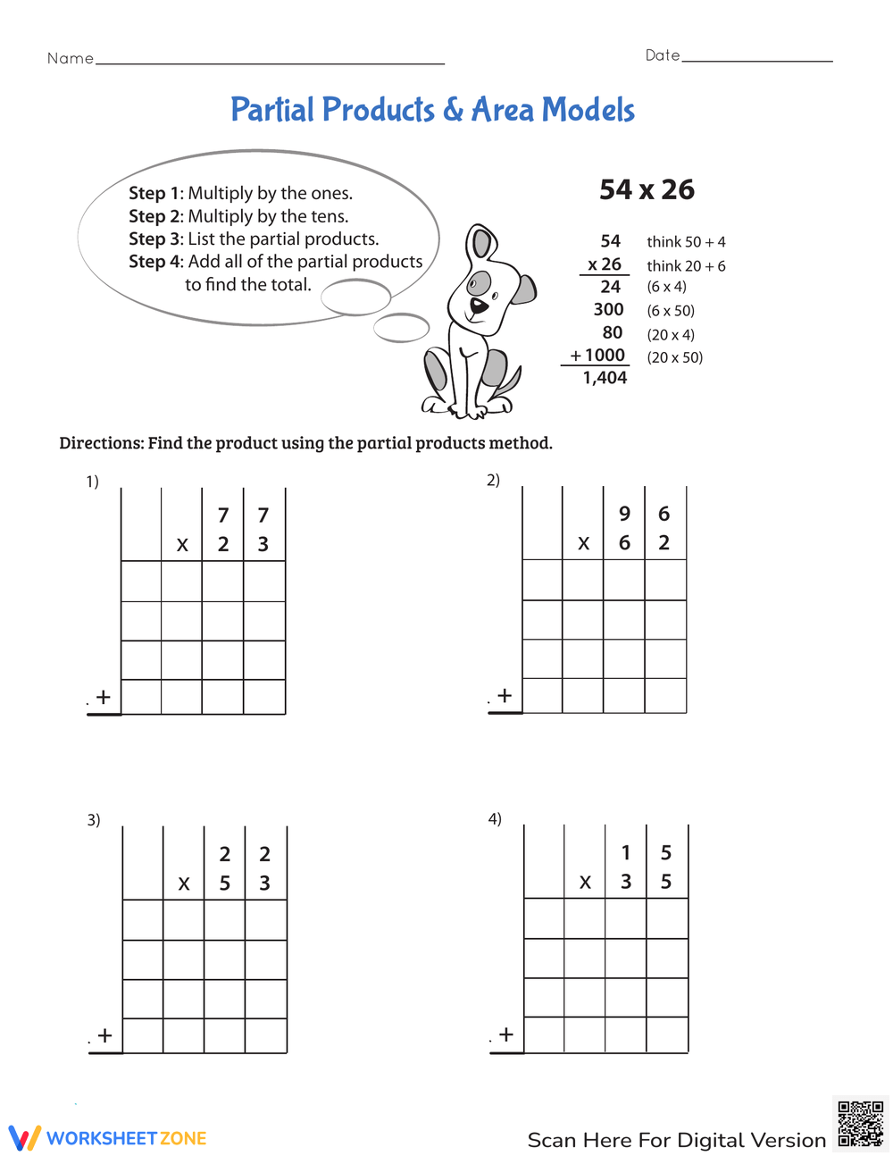 Multiplication And Partial Products Worksheets