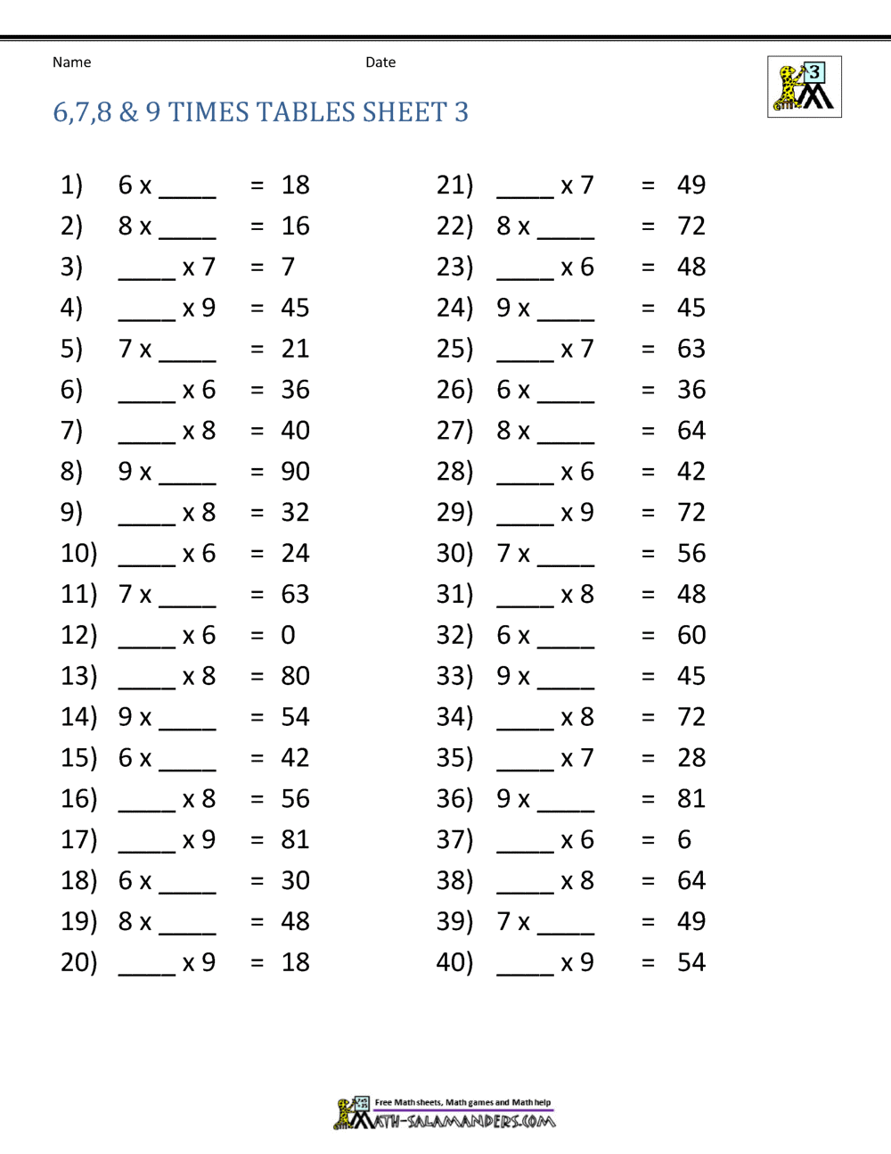 Free Printable Multiplication Worksheet For Third Grade
