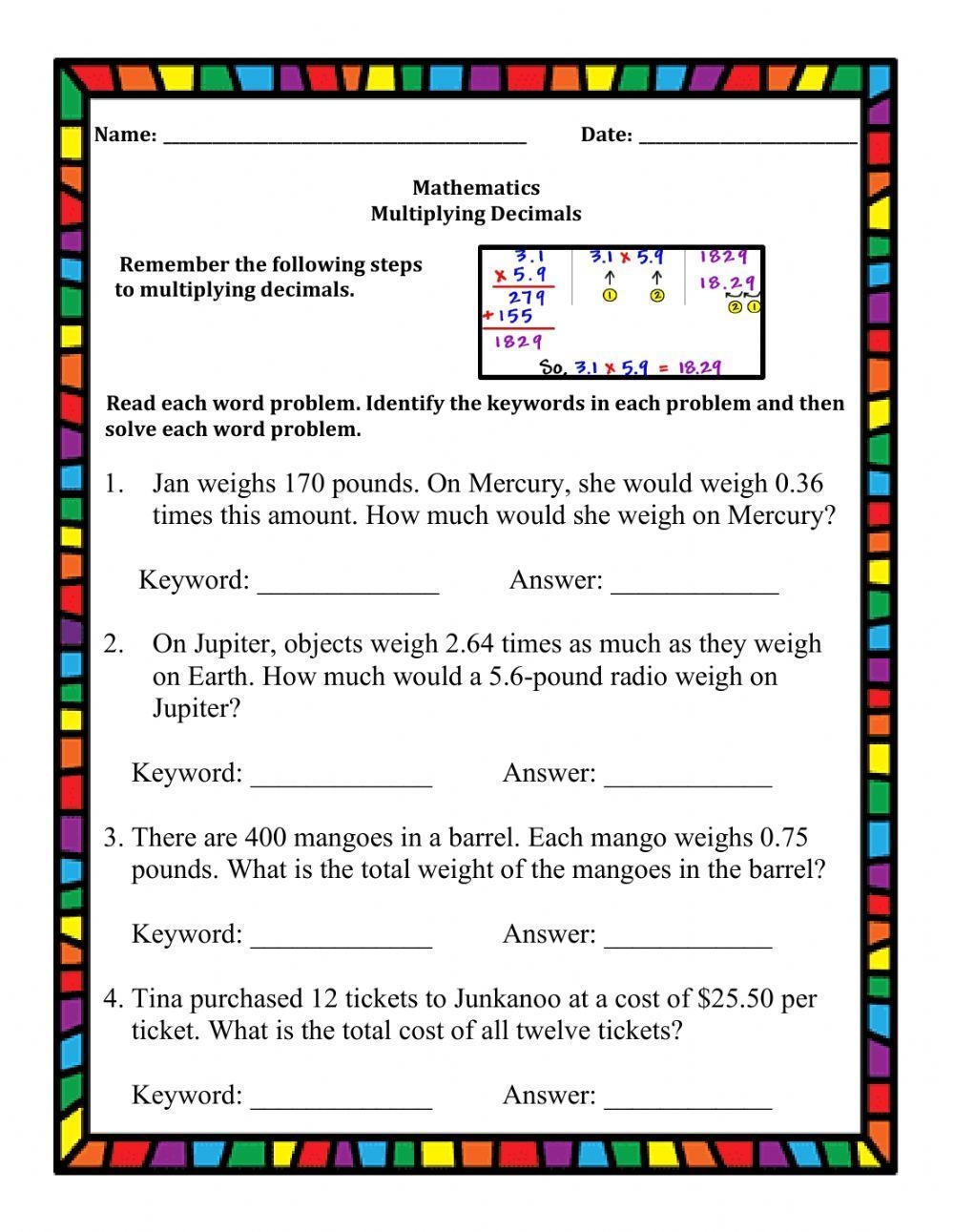 5th Grade Dividing Decimals Multiplication Word Problems Worksheets For Free ArgoPrep