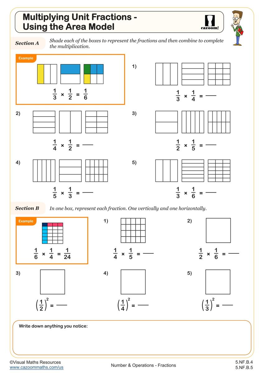 Multiplying Unit Fractions Using The Area Model Worksheet Fun And Engaging 5th Grade Number And Operations Worksheet Cazoom Math
