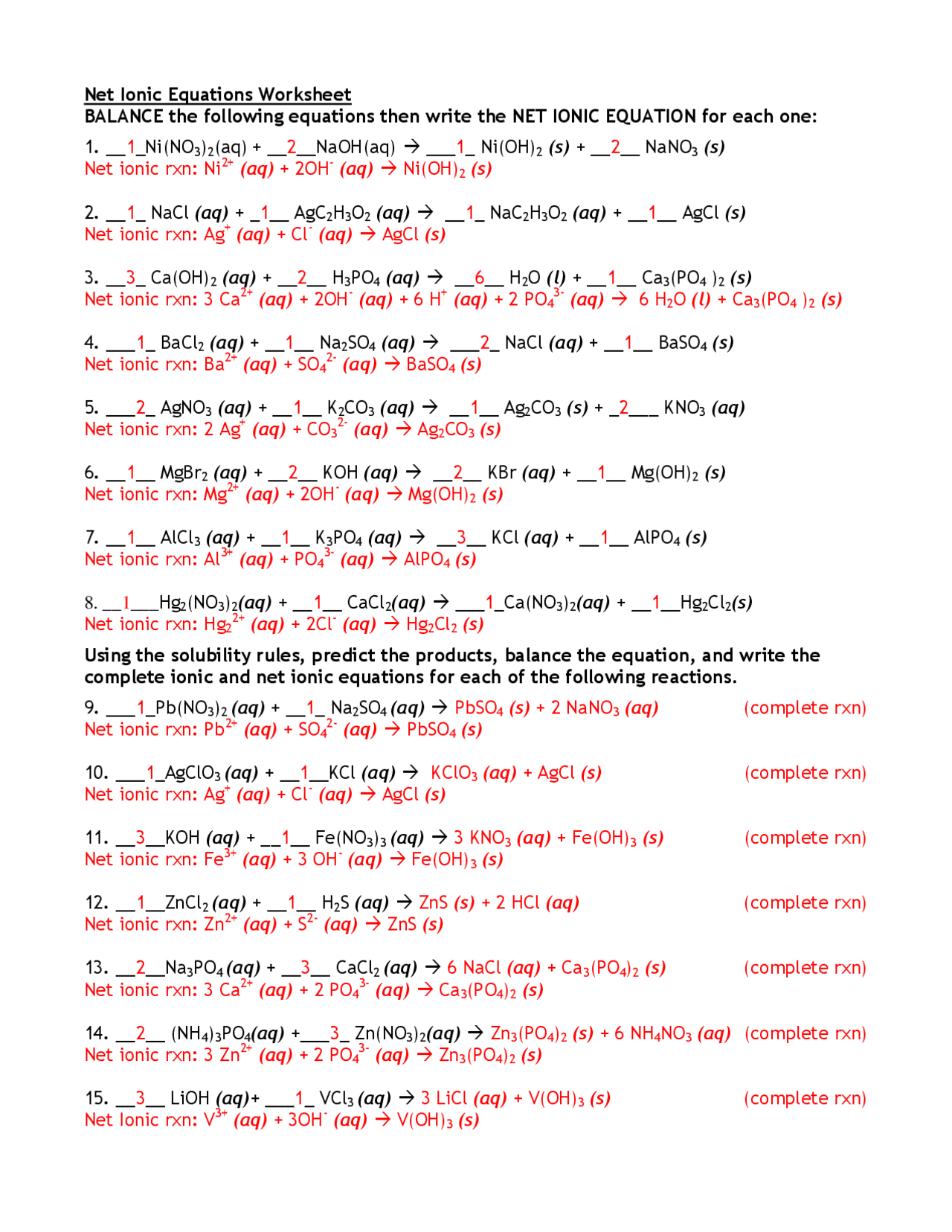Net Ionic Equations Worksheet BALANCE The Following Worksheets Library