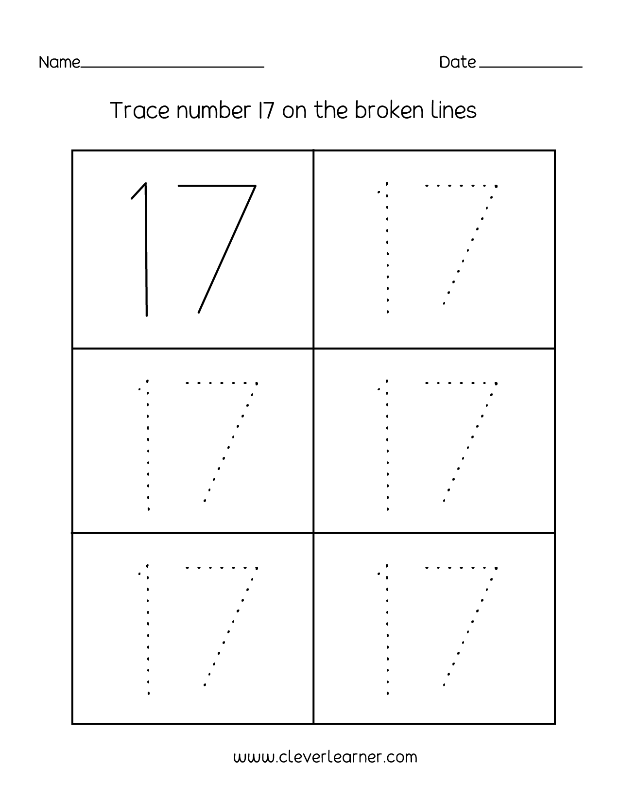 Number 17 Writing Counting And Identification Printable Worksheets For Children Free Number Tracing Worksheets Paper Trail Design