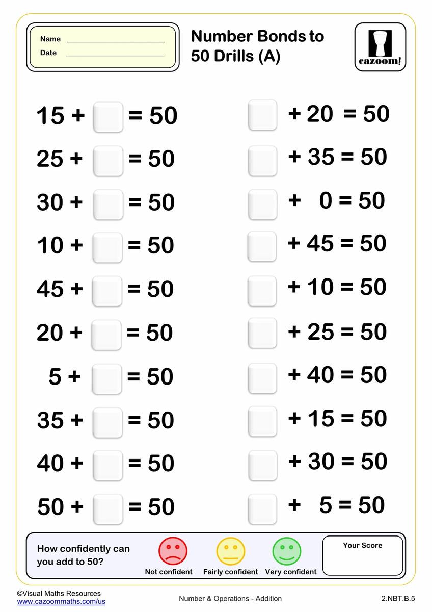 Number Bond To 50 Drills A 20 Questions 2nd Grade PDF Addition Worksheets Cazoom Math