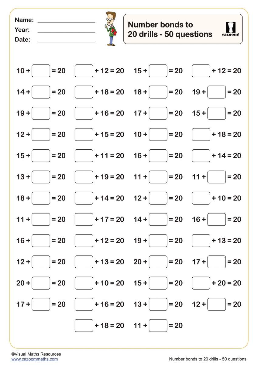 Number Bonds To 20 Drills Worksheet 50 Questions Key Stage 1 PDF Addition Worksheets Number Bonds To 20 Drills Worksheet 50 Questions Key Stage 1 PDF Addition Worksheets