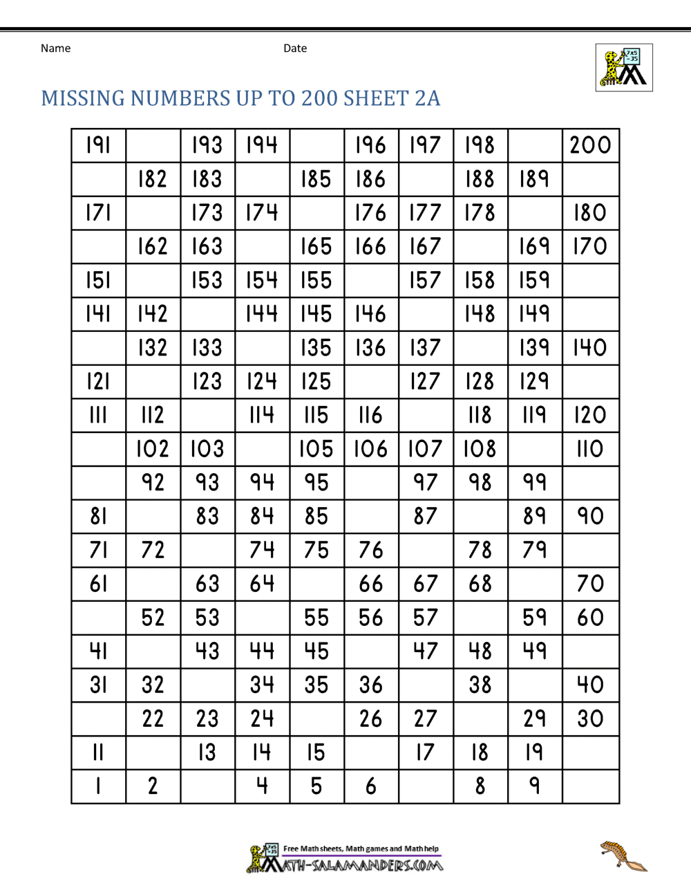 Number Grid Up To 200 Number Grid Up To 200
