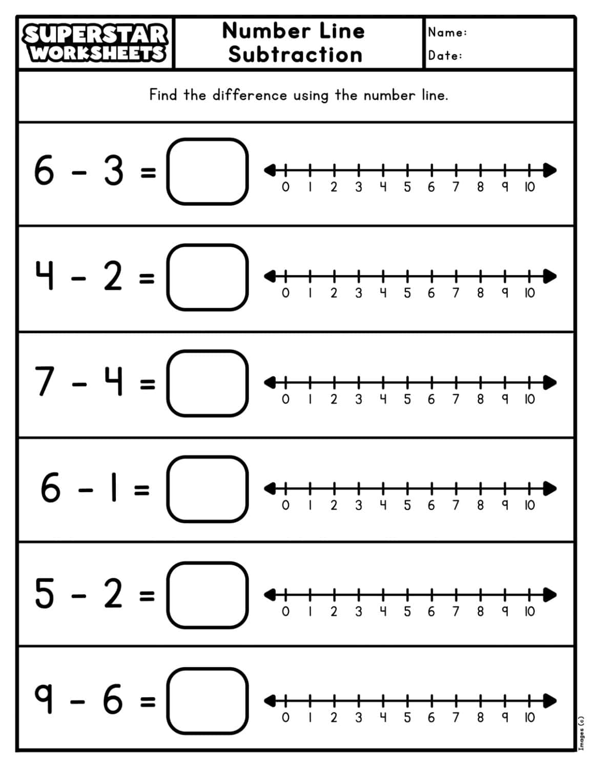 Subtracting On A Number Line Worksheets