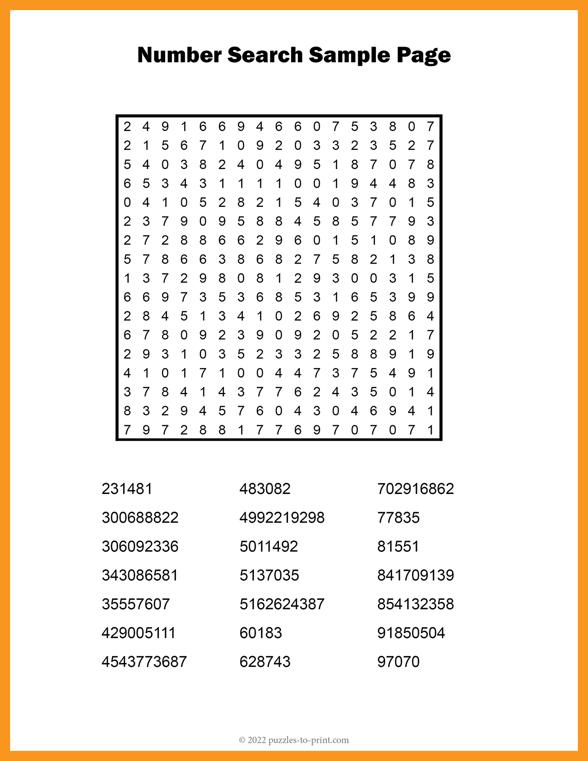 Number Search Puzzles Number Search Puzzles