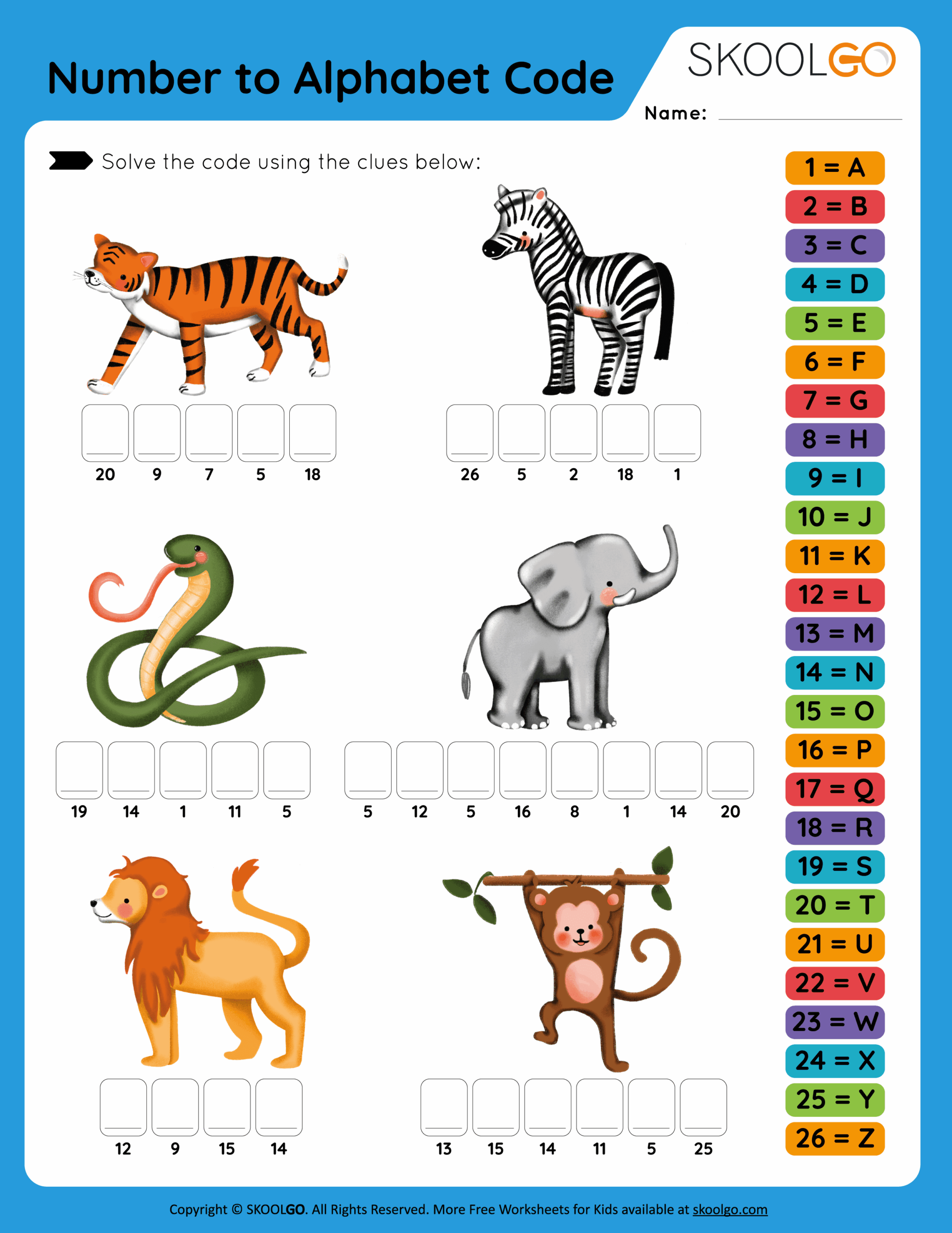 Numbers To Alphabet Code Free Worksheet For Kids SKOOLGO