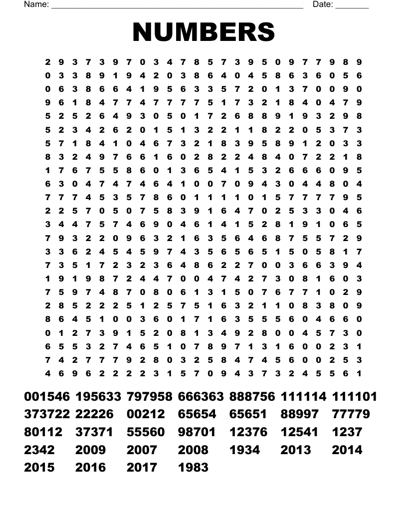 NUMBERS Word Search WordMint Number Search Puzzles