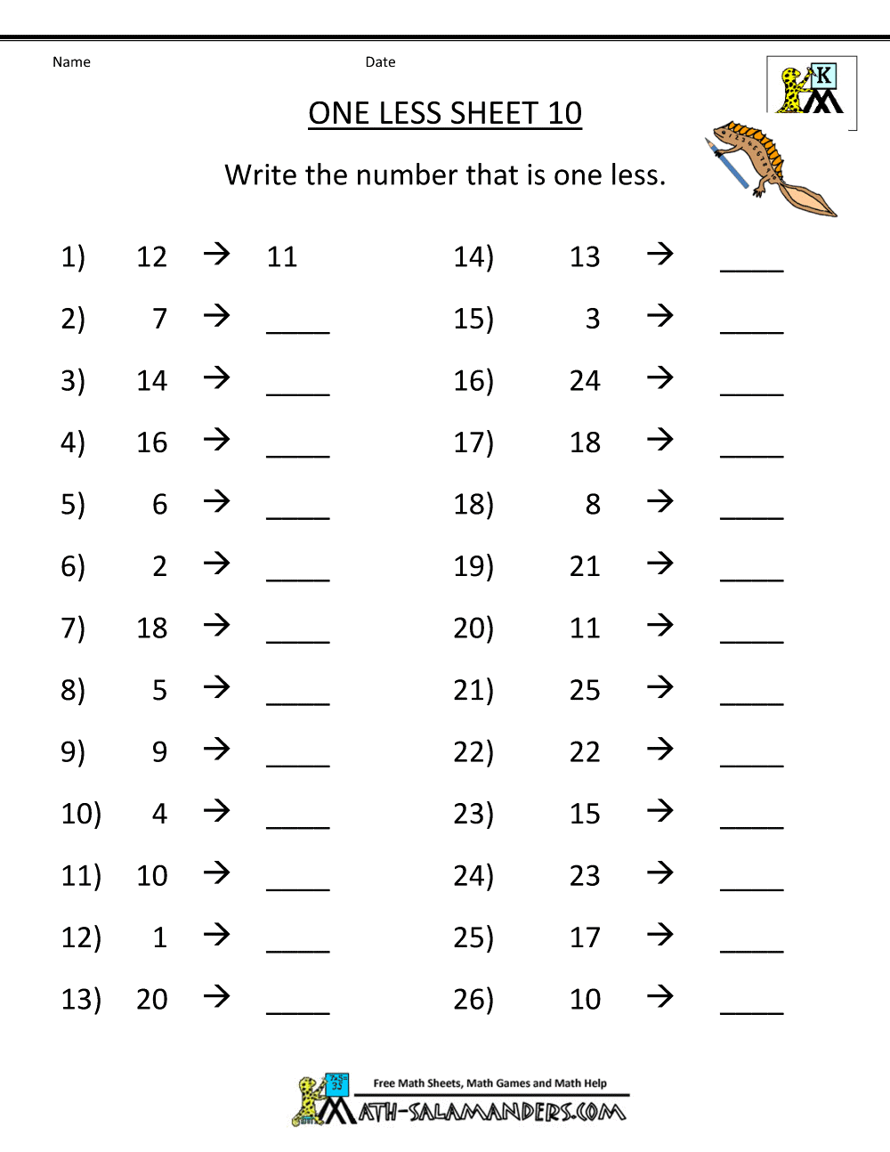 One Less Worksheet