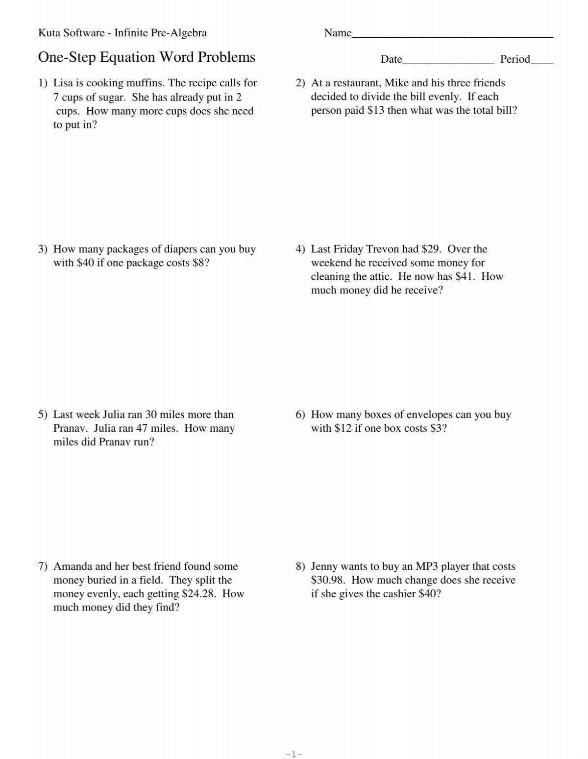 One Step Word Problems Kuta Software One Step Word Problems Kuta Software
