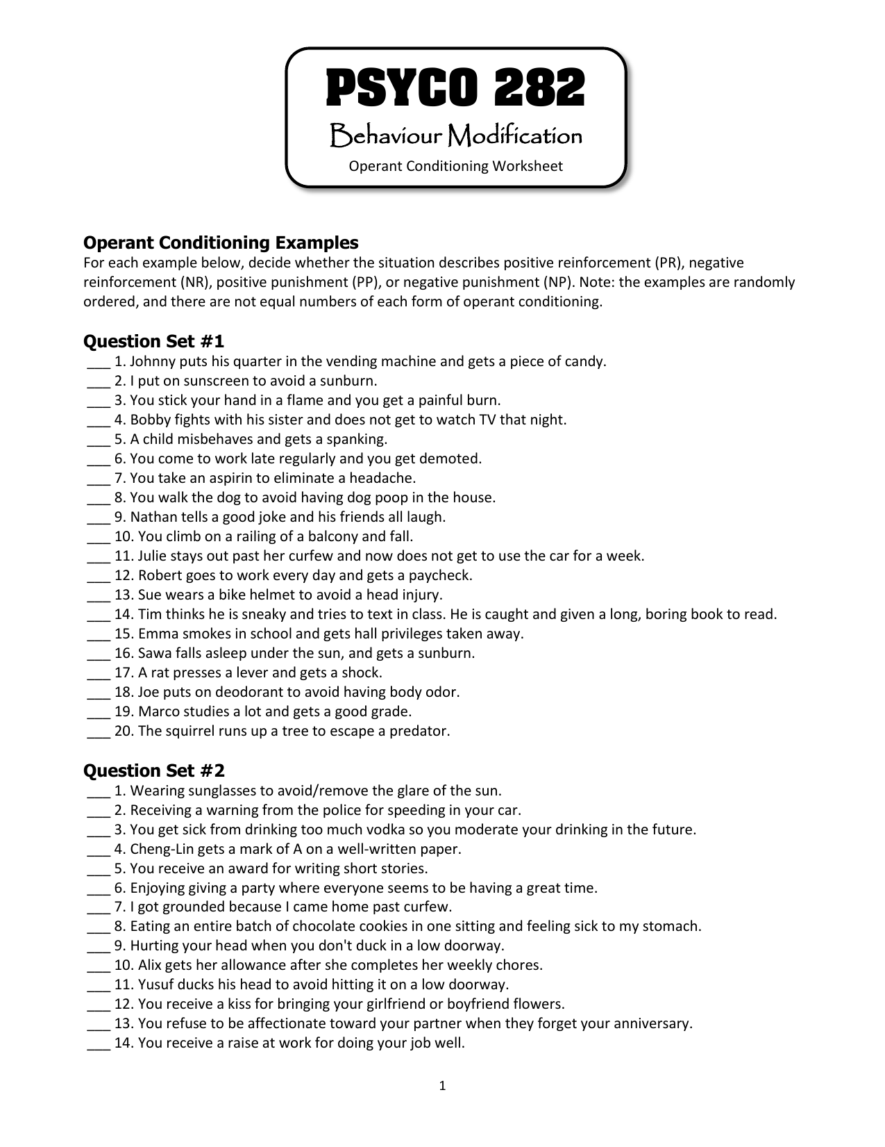 Operant Conditioning Worksheet Behavior Modification