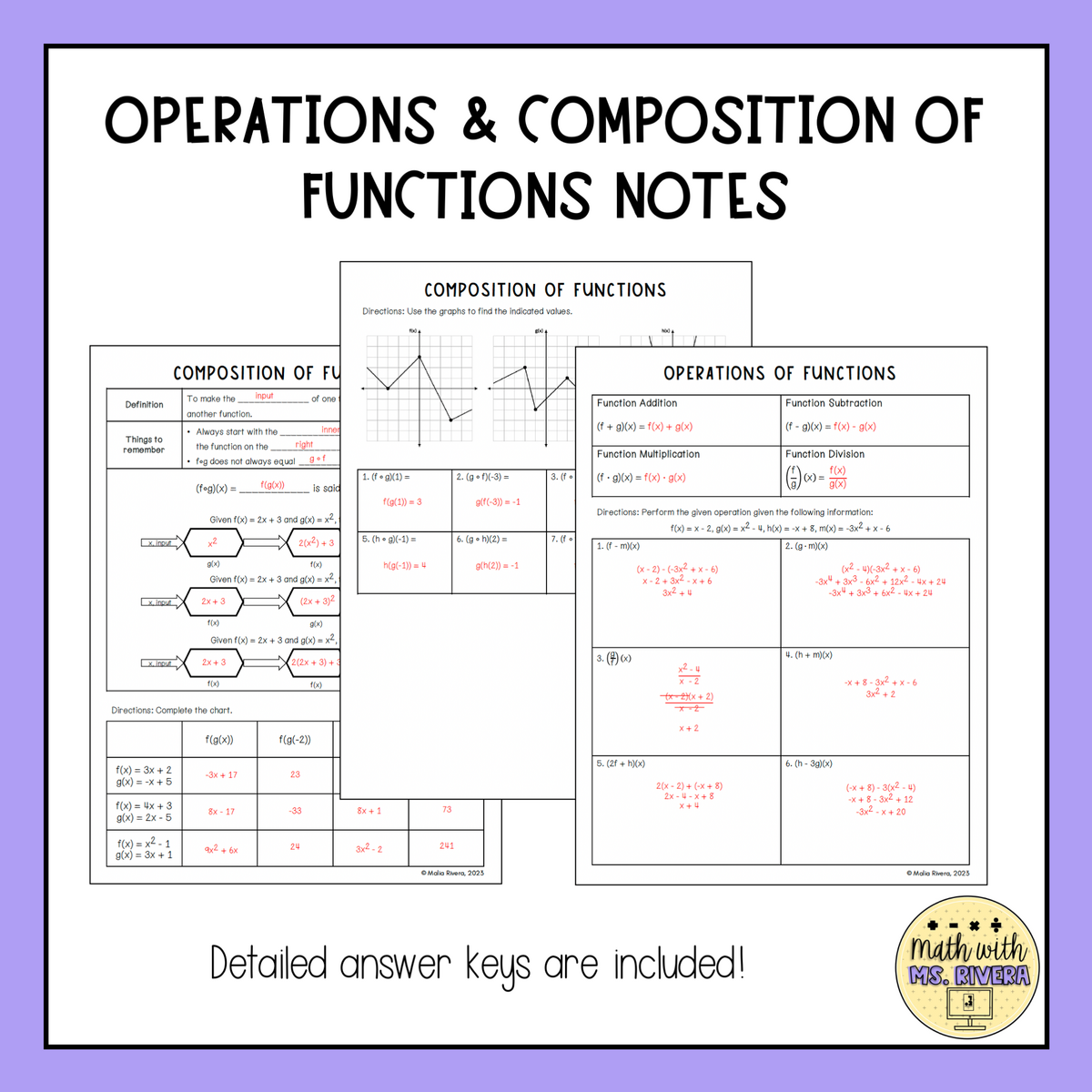 Operations Composition Of Functions Guided Notes For Algebra 2 Maila Rivera Math With Ms Rivera High School Math Resources