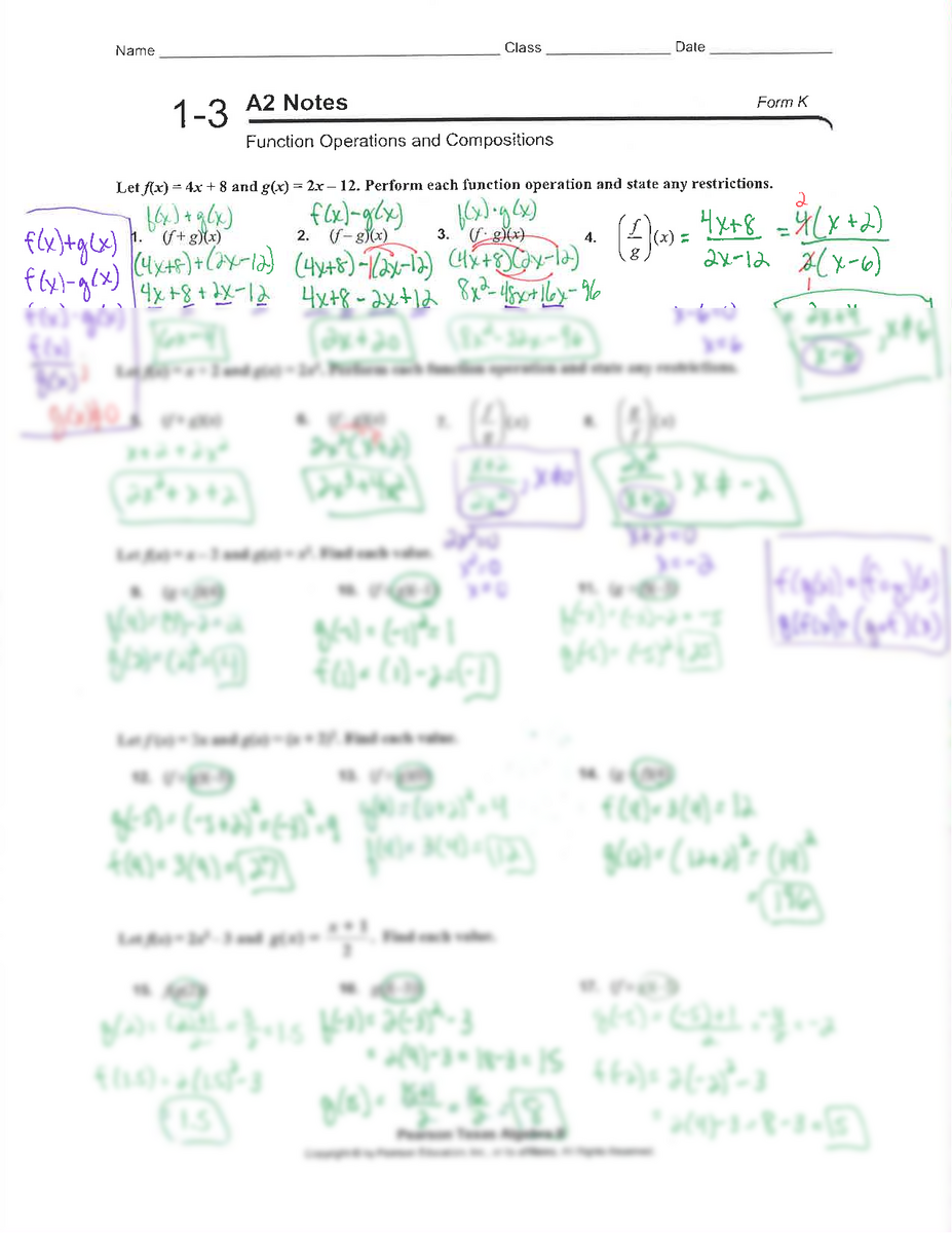 Operations Composition Of Functions Guided Notes For Algebra 2 Worksheets Library