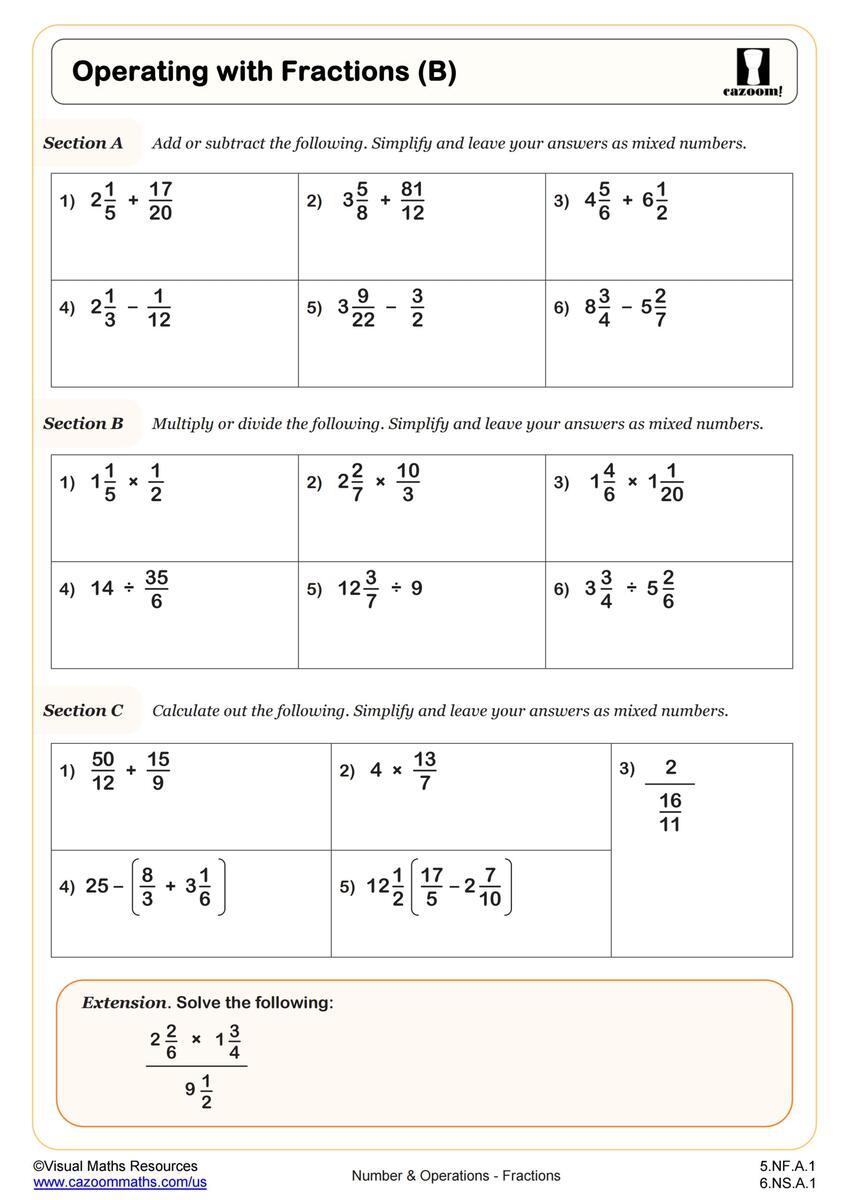 Operations With Fractions B Worksheet PDF Printable Number Operations Worksheet Cazoom Math