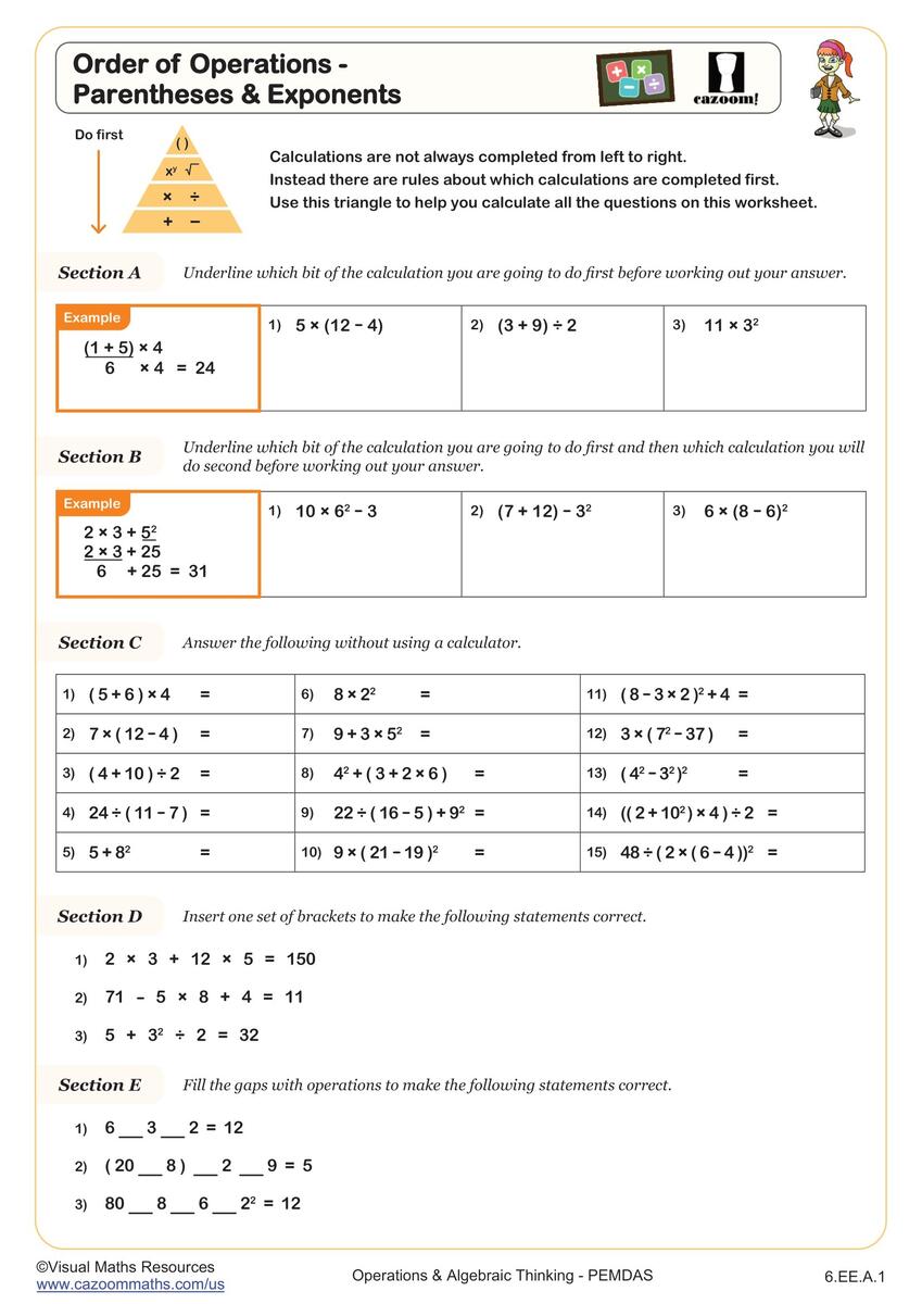 Order Of Operations Parentheses Exponents Worksheet 6th Grade PDF Worksheets Cazoom Math Order Of Operations Without Division Worksheets With Parentheses And Exponents Made By Teachers