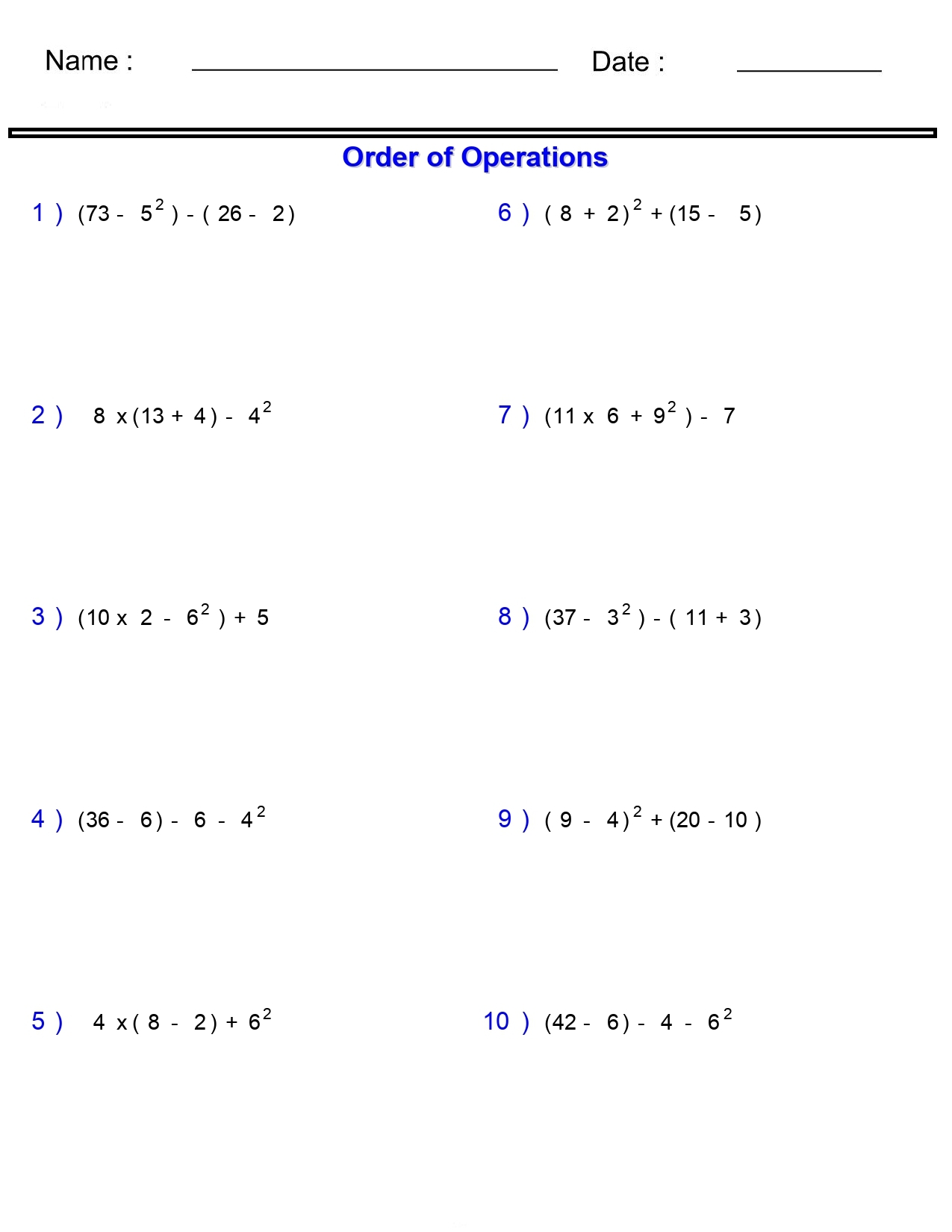 Order Of Operations Without Division Worksheets With Parentheses And Exponents Made By Teachers
