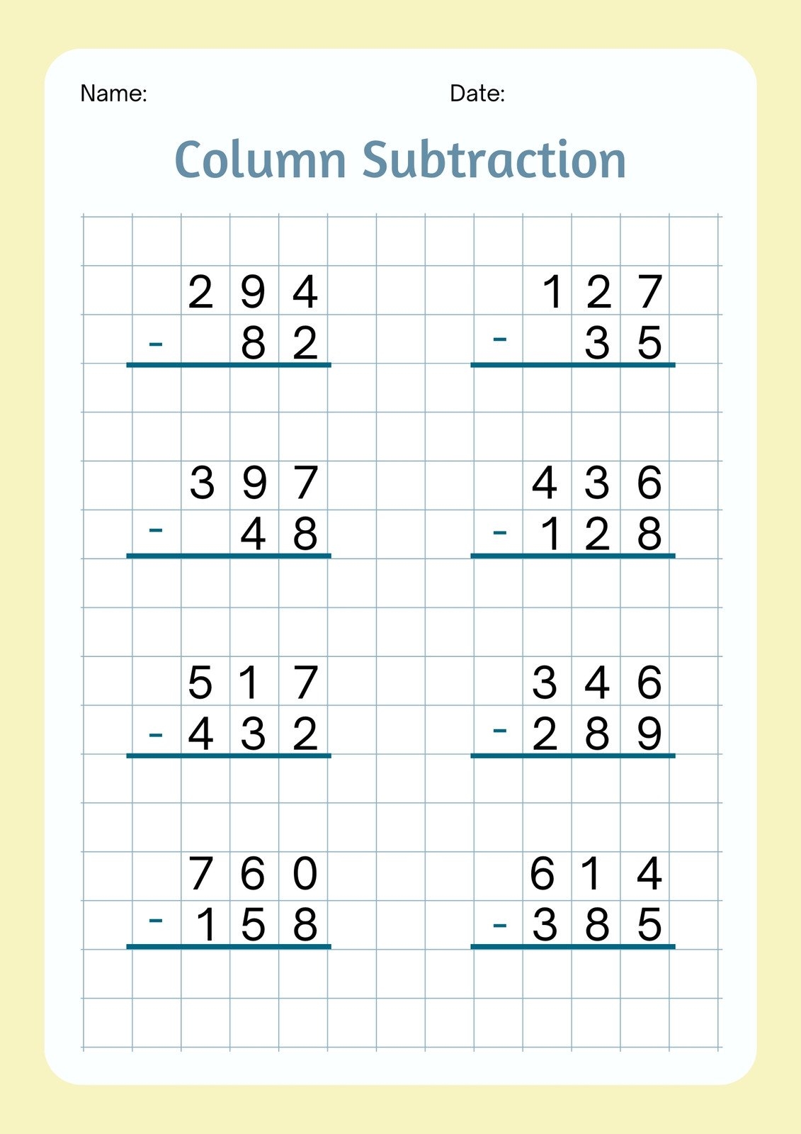 Page 2 Free Subtraction Worksheet Templates To Edit And Print Canva