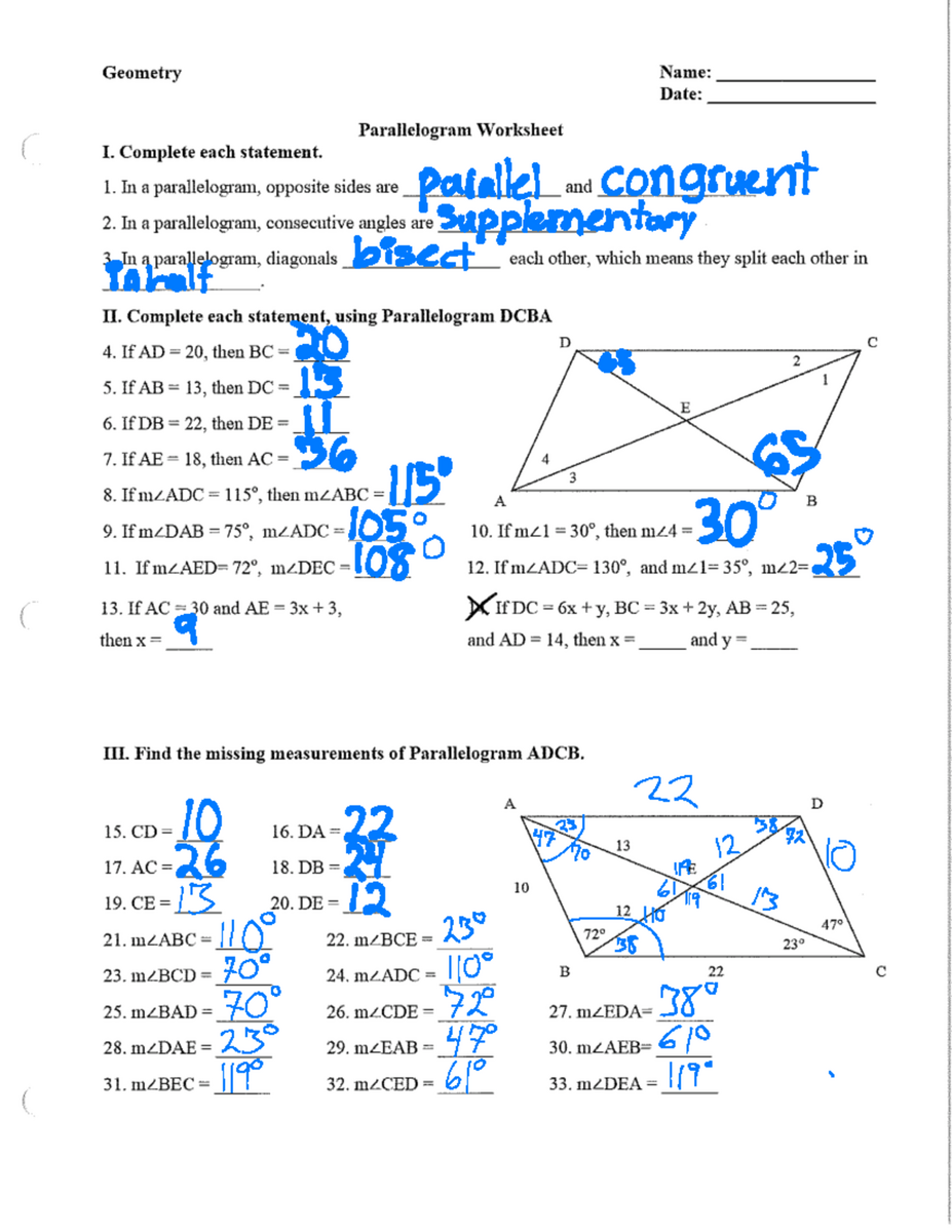 Parallelogram Geometry Worksheet Answers Practice WS Studocu