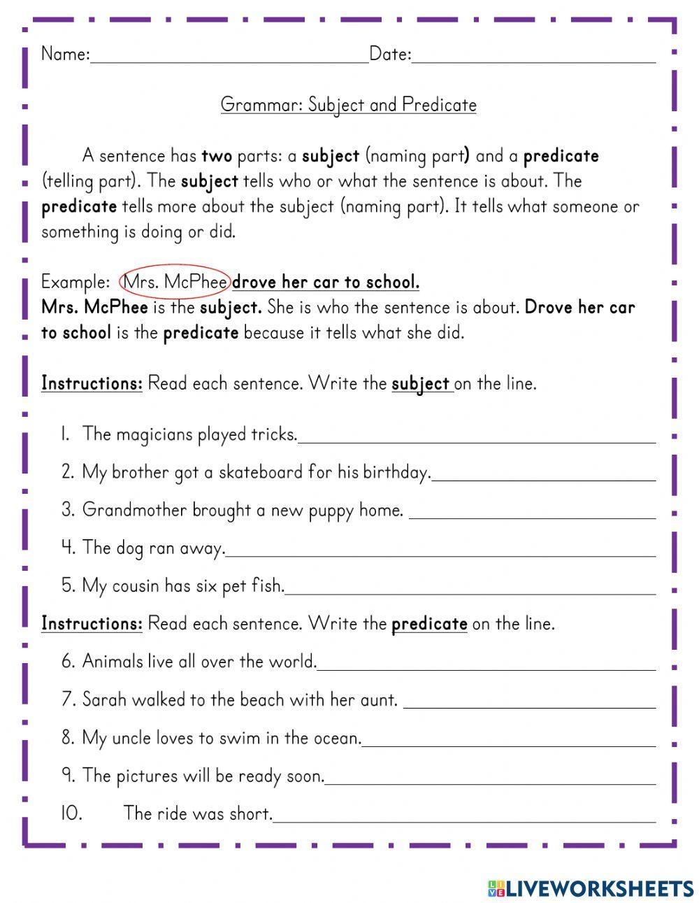 Parts Of A Sentence Subject And Predicate Worksheet Worksheets Library