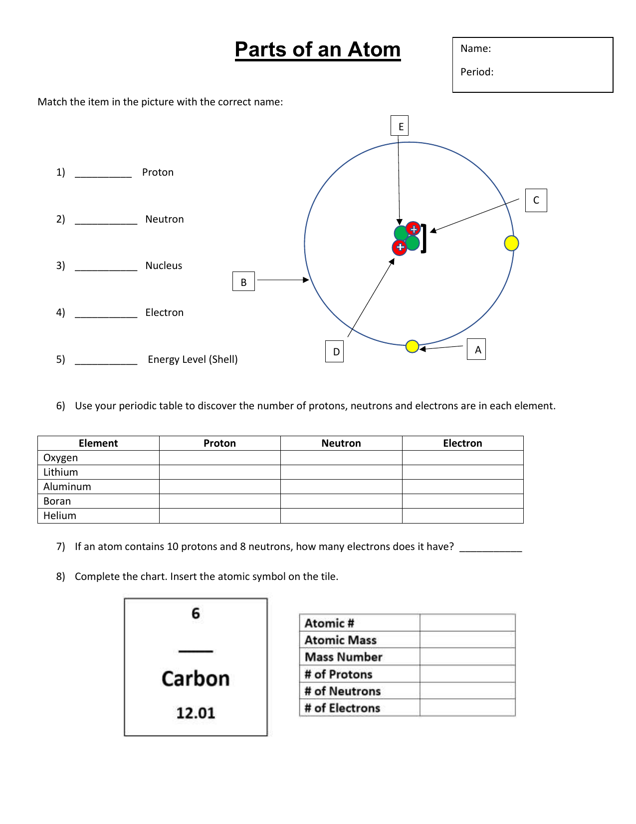 Parts Of The Atom Worksheet Protons Neutrons Electrons
