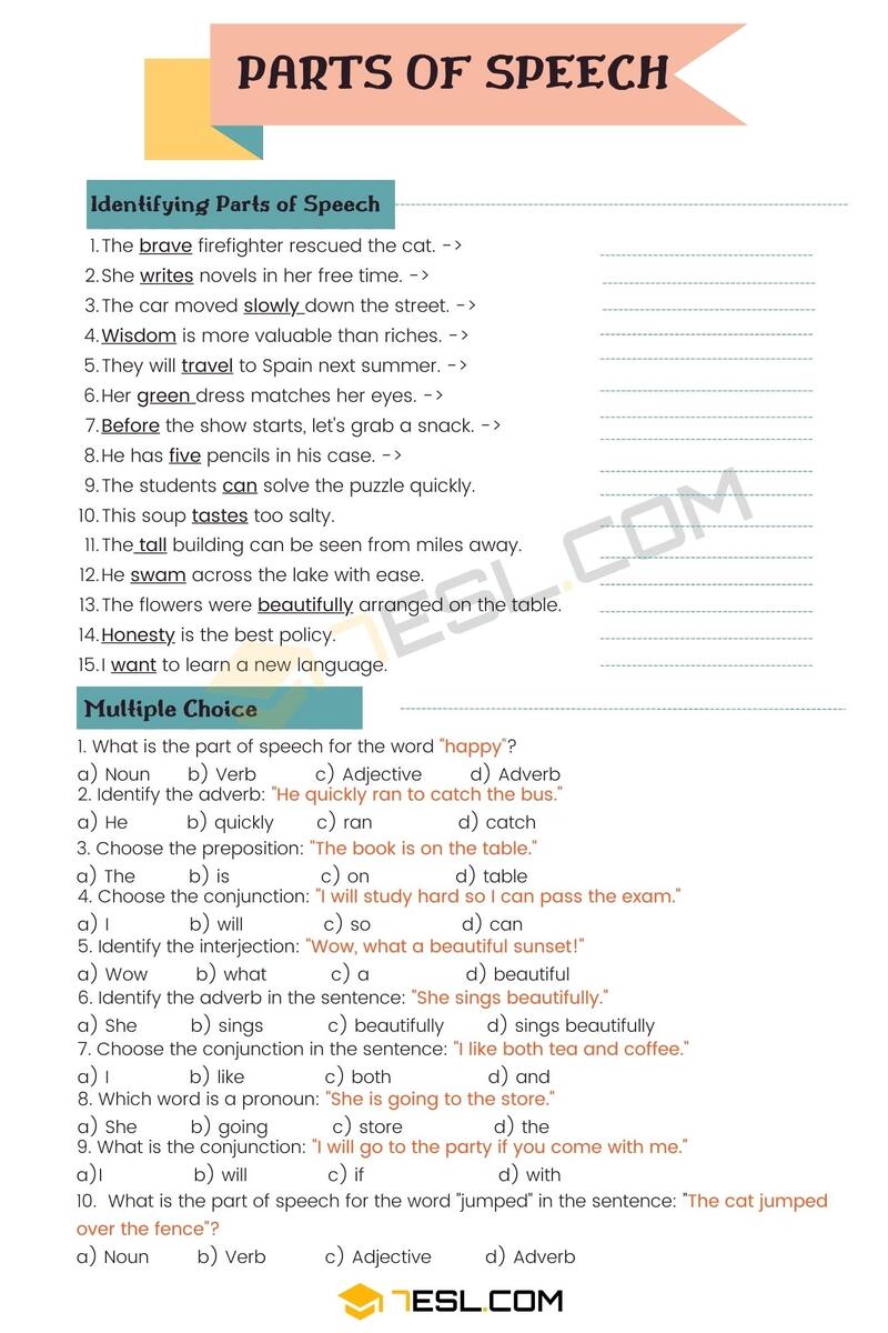 Parts Of Speech Worksheet Parts Of Speech Exercises 7ESL Parts Of Speech Worksheet Parts Of Speech Exercises 7ESL