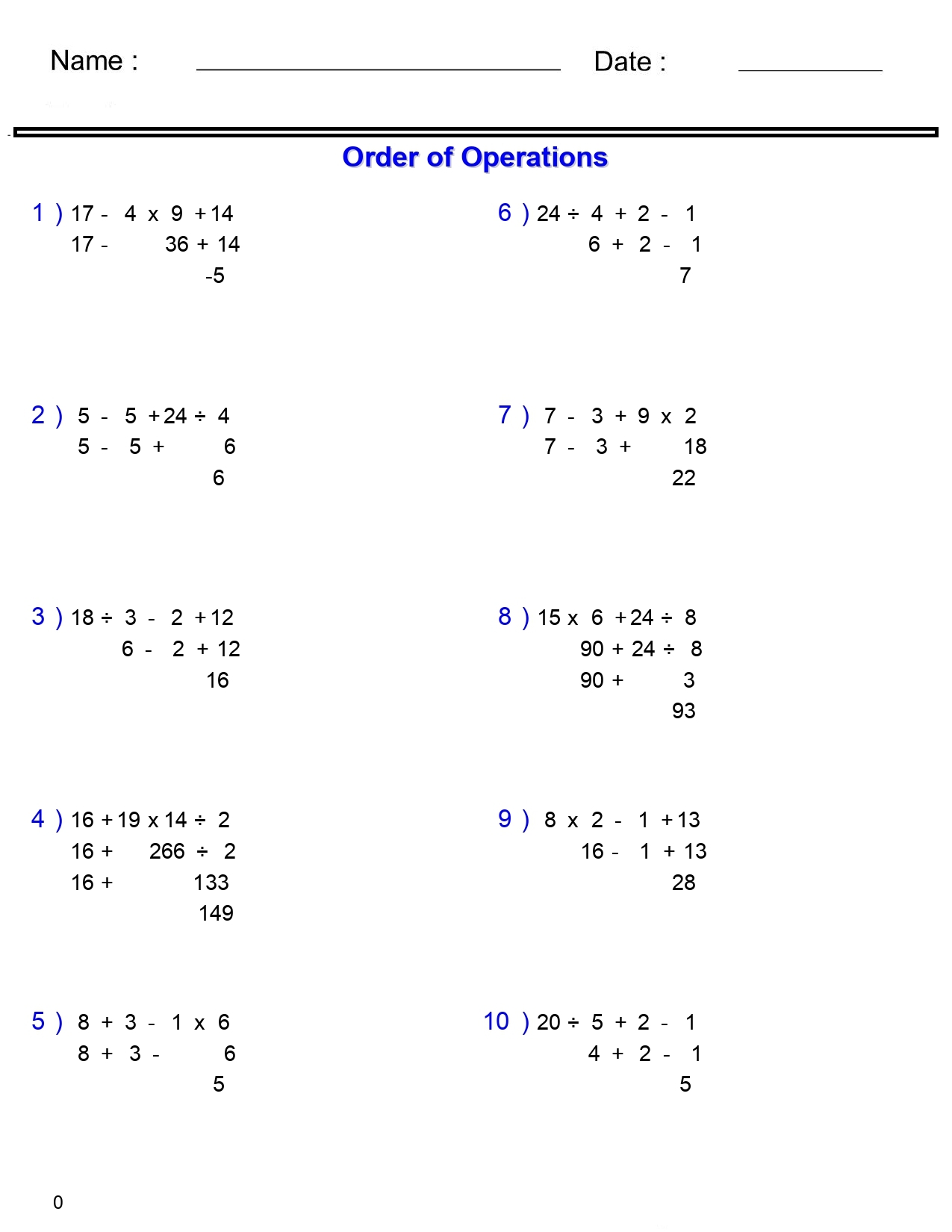 PEMDAS Problems Worksheets 5th Grade