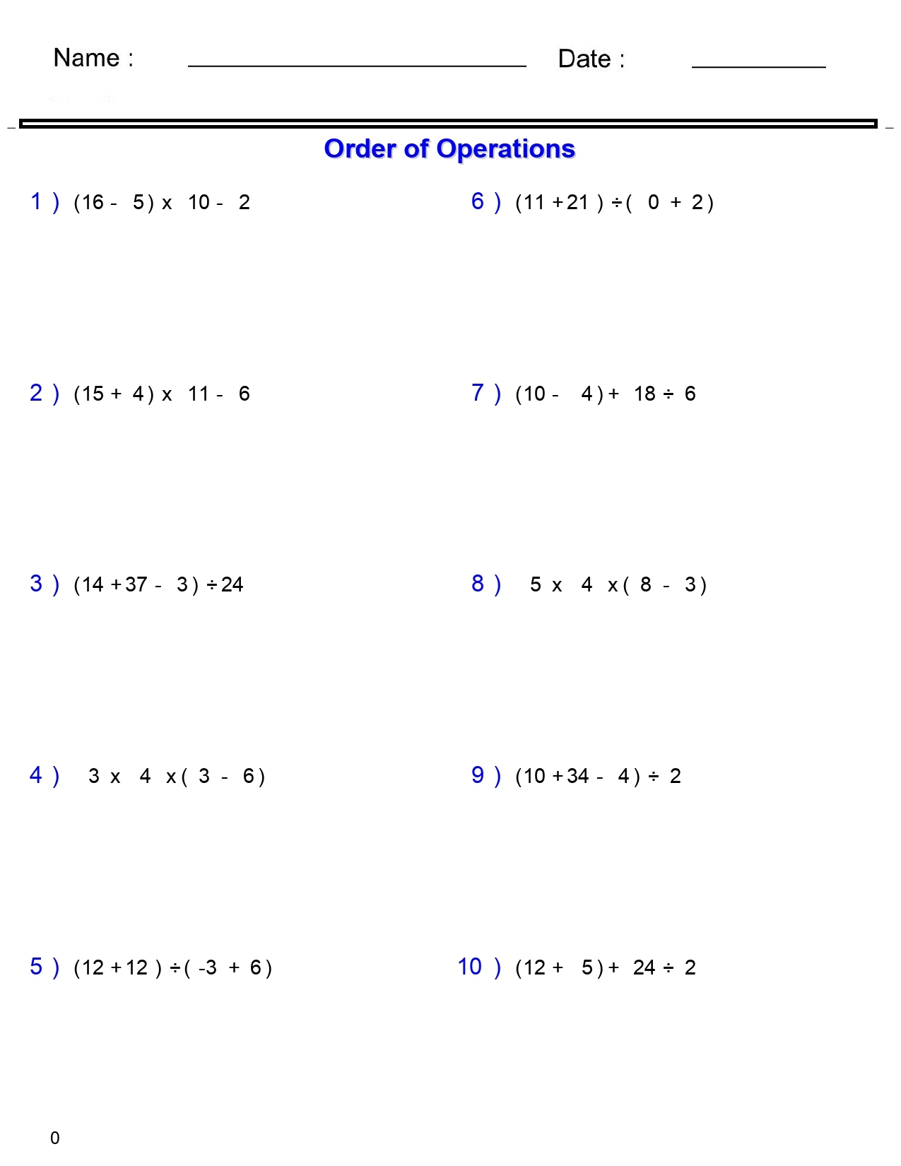 Order Of Operations Worksheets