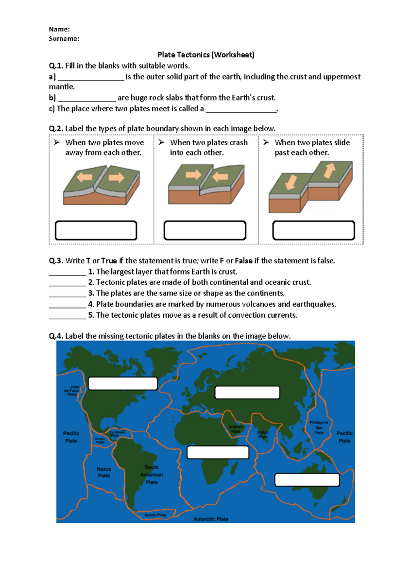 Plate Tectonics Worksheet Activity Printable 2 Studocu
